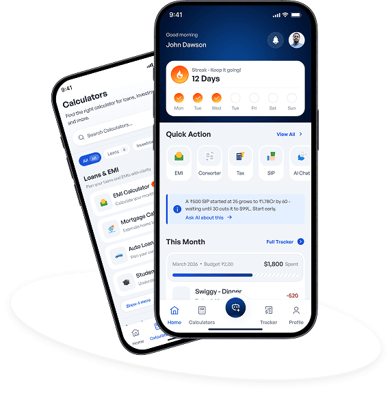 FinFlow AI mobile app showing dashboard and calculator screens